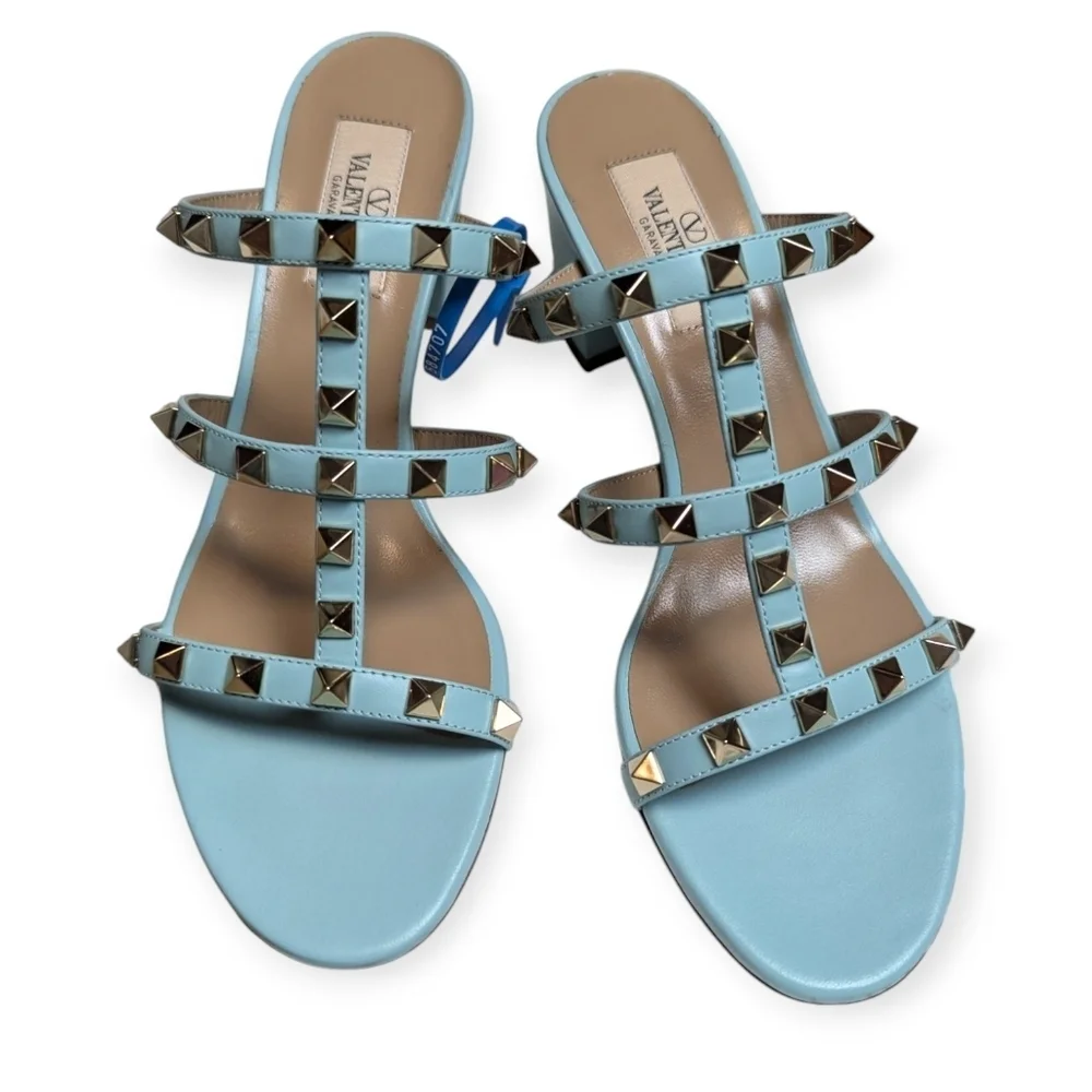 Valentino Garavani Rockstud 60 Caged Block-Heel Slide Sandals Size 7 Acquamarina - Picture 13 of 13